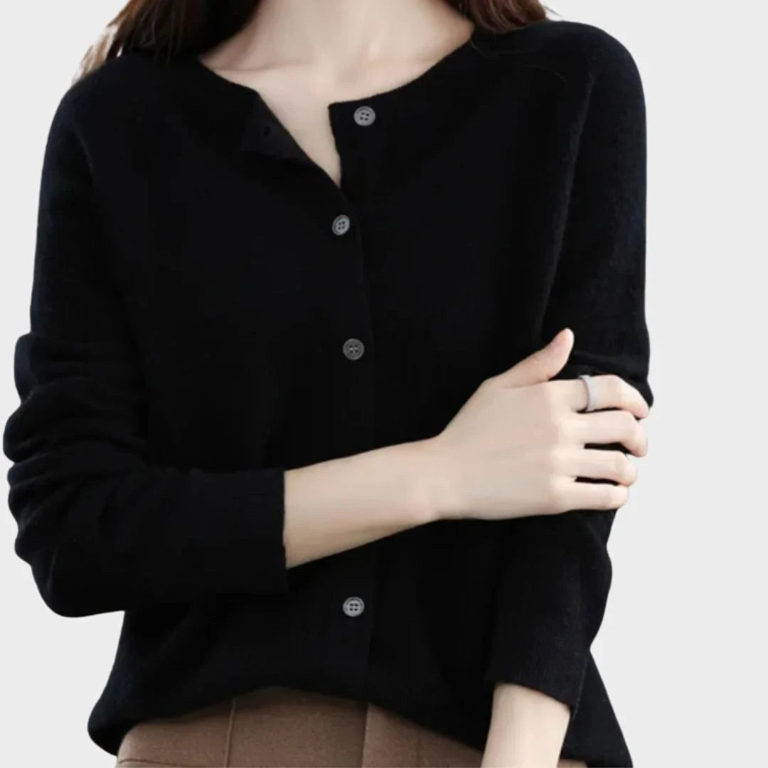 Women's knit long-sleeve cardigan sweater with crew-neck button closure – Black