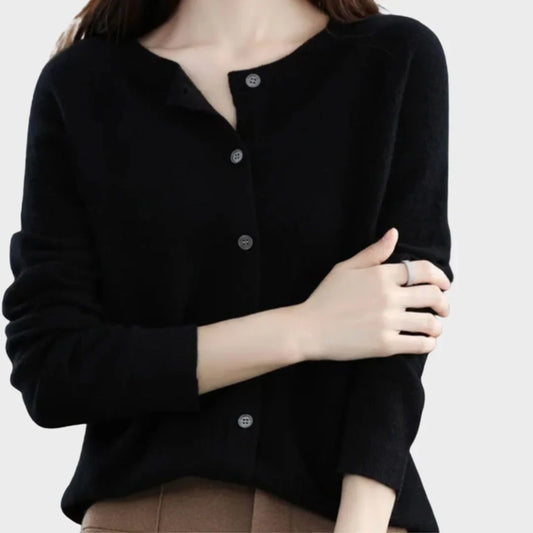 Women's knit long-sleeve cardigan sweater with crew-neck button closure – Black