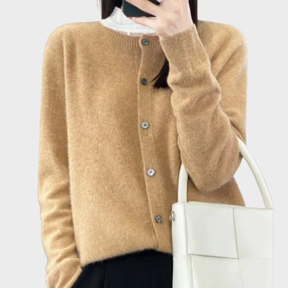 Women's knit long-sleeve cardigan sweater with crew-neck button closure – Camel