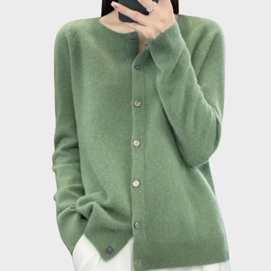 Women's knit long-sleeve cardigan sweater with crew-neck button closure – Green