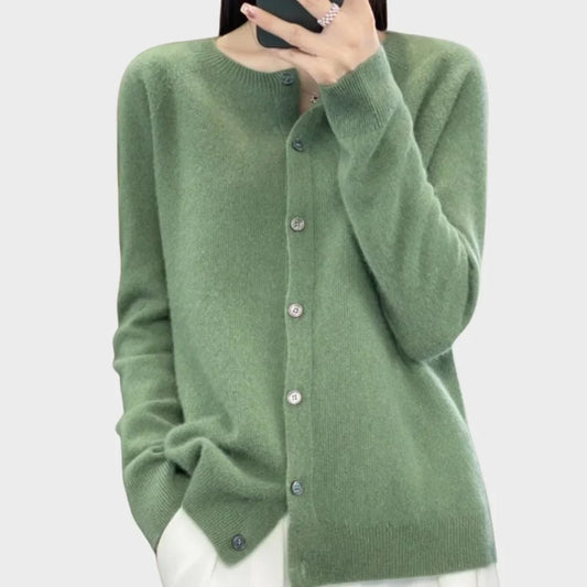 Women's knit long-sleeve cardigan sweater with crew-neck button closure – Green