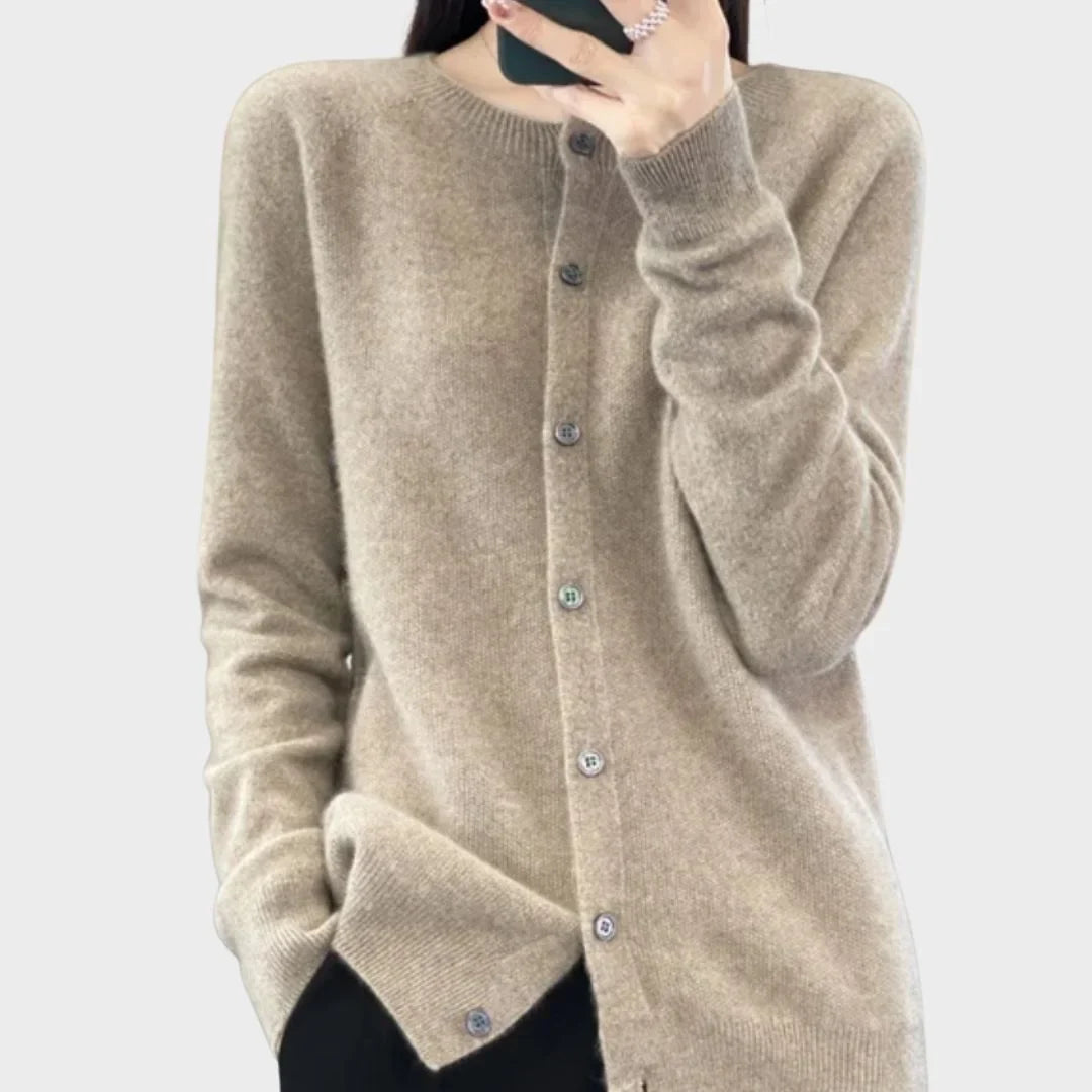 Women's knit long-sleeve cardigan sweater with crew-neck button closure – Khaki