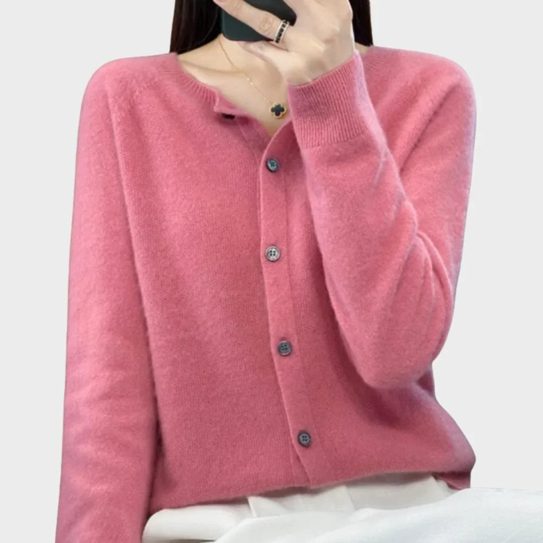 Women's knit long-sleeve cardigan sweater with crew-neck button closure – Pink