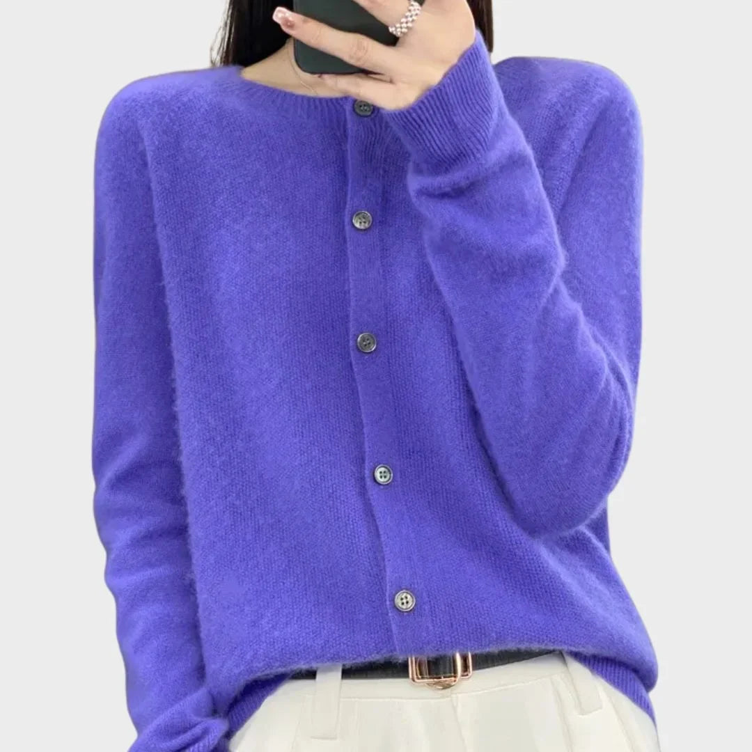 Women's knit long-sleeve cardigan sweater with crew-neck button closure – Purple