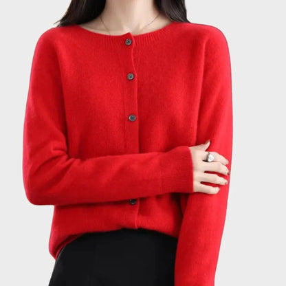 Women's knit long-sleeve cardigan sweater with crew-neck button closure – Red