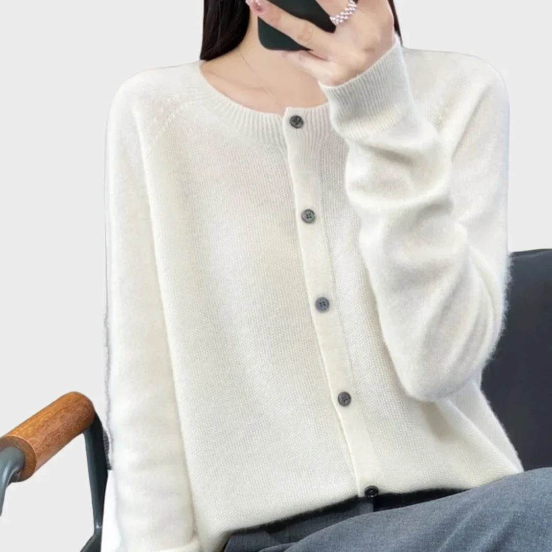 Women's knit long-sleeve cardigan sweater with crew-neck button closure – White