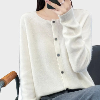 Women's knit long-sleeve cardigan sweater with crew-neck button closure – White
