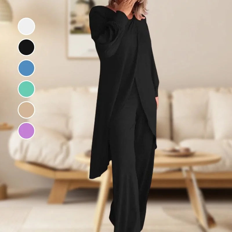 Women's knit long-sleeve high-low tunic top and womens wide leg pants set
