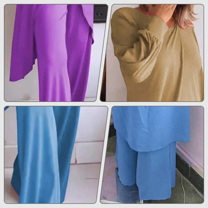 Women's knit long-sleeve high-low tunic top and womens wide leg pants set