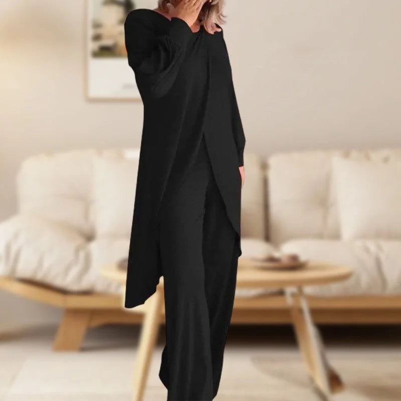 Women's knit long-sleeve high-low tunic top and womens wide leg pants set – Black