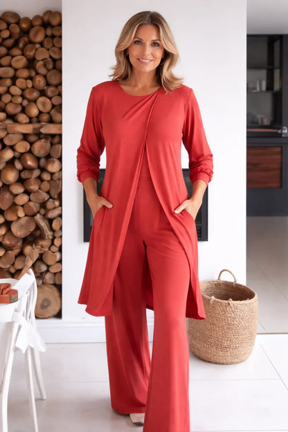 Women's knit long-sleeve high-low tunic top and womens wide leg pants set