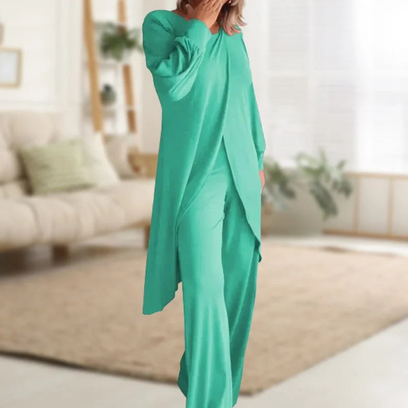 Women's knit long-sleeve high-low tunic top and womens wide leg pants set – Green