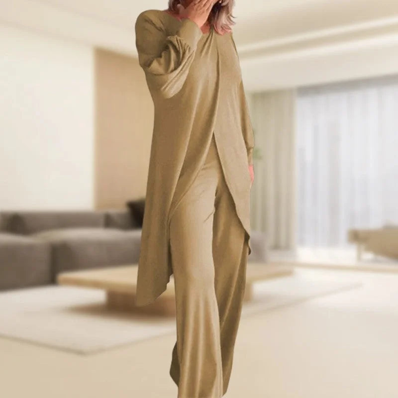 Women's knit long-sleeve high-low tunic top and womens wide leg pants set – Khaki