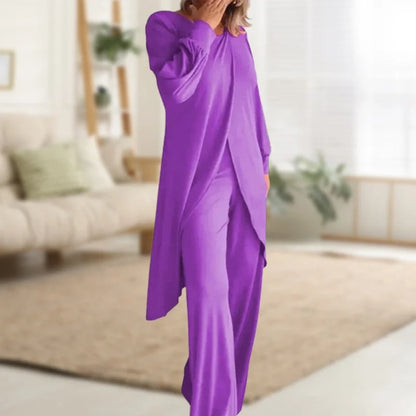 Women's knit long-sleeve high-low tunic top and womens wide leg pants set – Purple