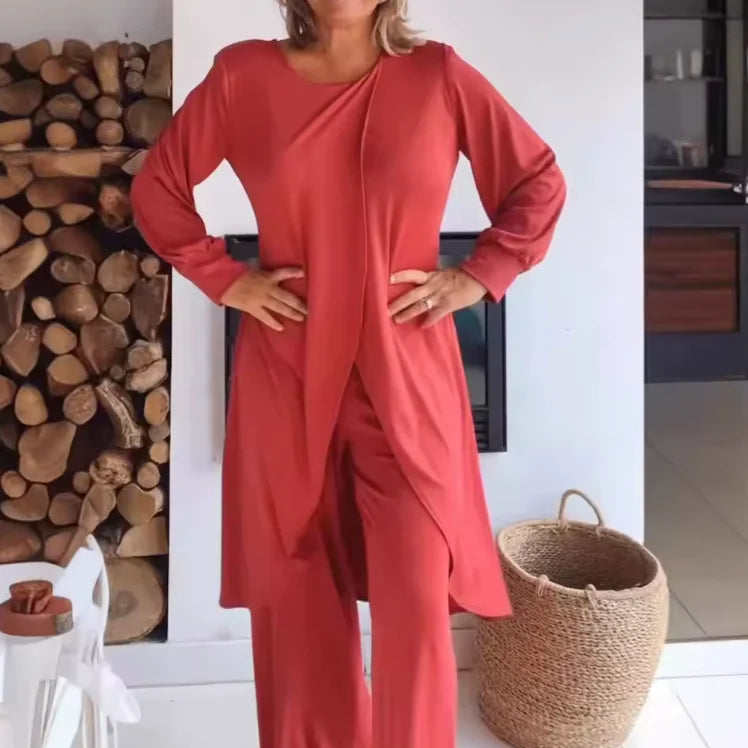 Women's knit long-sleeve high-low tunic top and womens wide leg pants set – Red