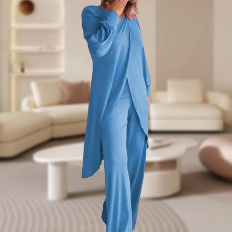 Women's knit long-sleeve high-low tunic top and womens wide leg pants set – Sky Blue