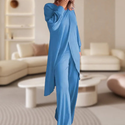 Women's knit long-sleeve high-low tunic top and womens wide leg pants set – Sky Blue