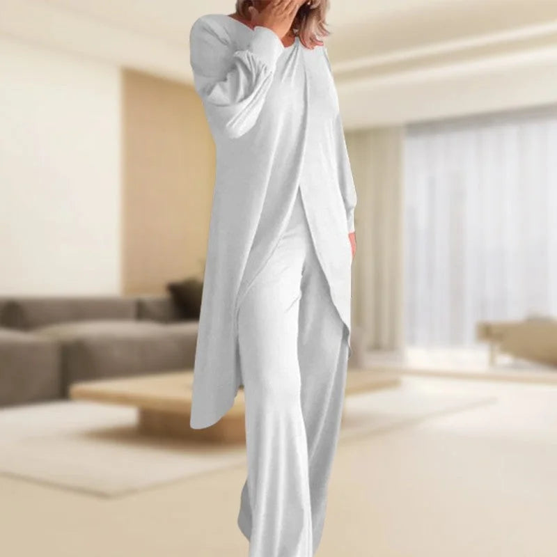 Women's knit long-sleeve high-low tunic top and womens wide leg pants set – White