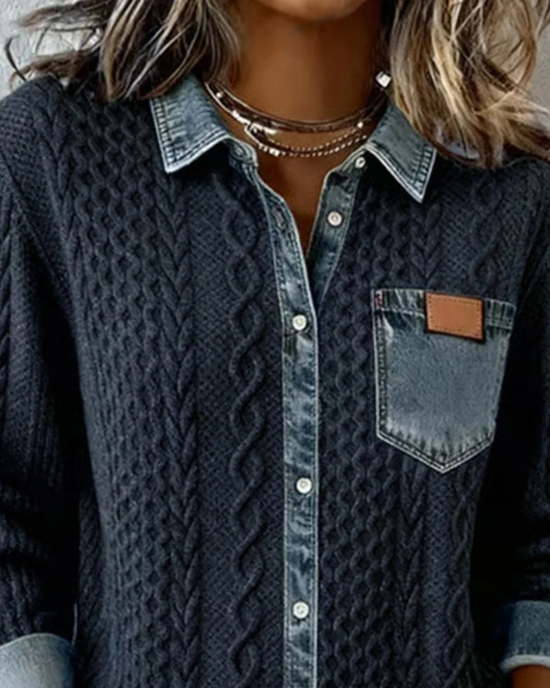 Women's knit long-sleeve shirt with cable-knit pattern and denim trim