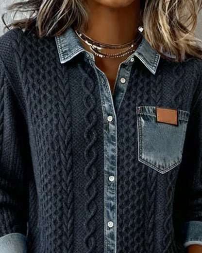 Women's knit long-sleeve shirt with cable-knit pattern and denim trim