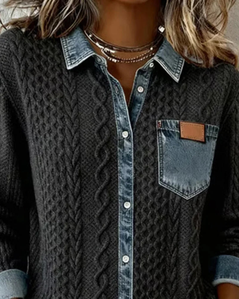 Women's knit long-sleeve shirt with cable-knit pattern and denim trim