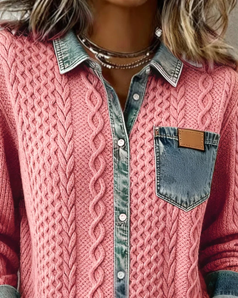 Women's knit long-sleeve shirt with cable-knit pattern and denim trim