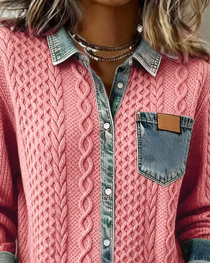 Women's knit long-sleeve shirt with cable-knit pattern and denim trim