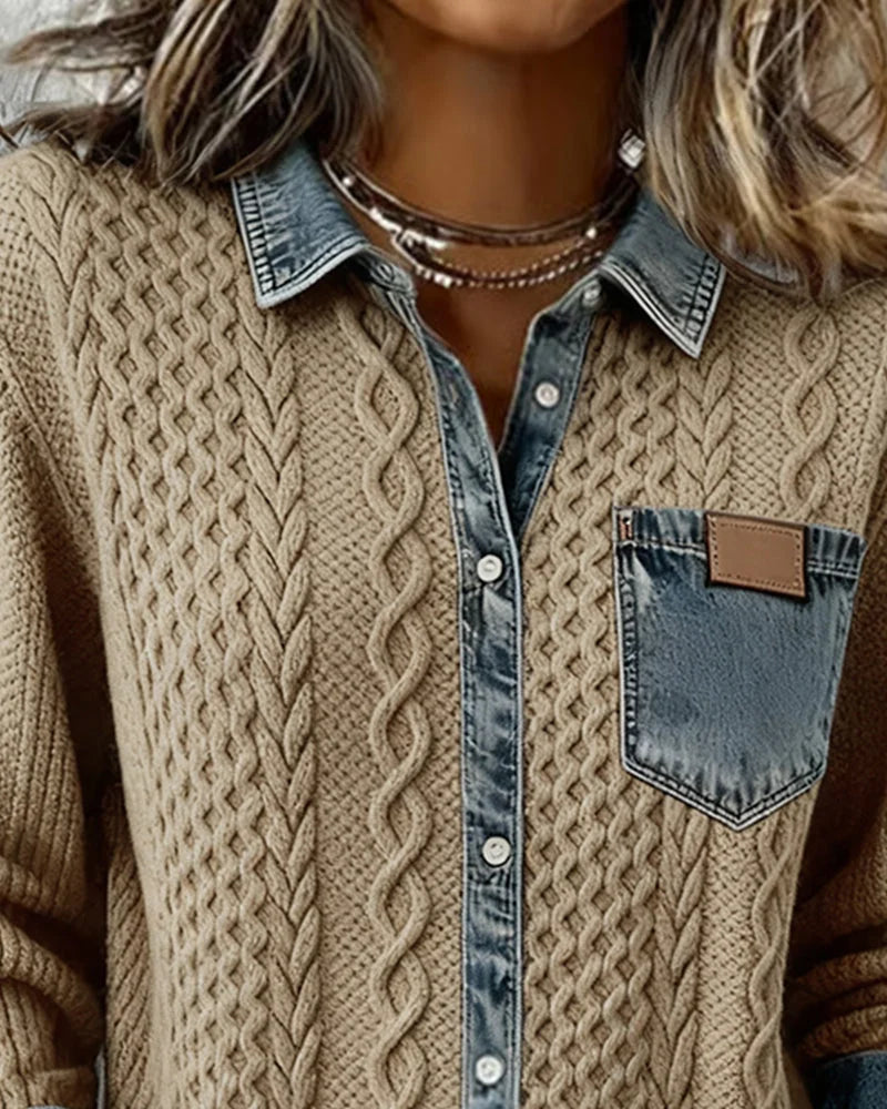 Women's knit long-sleeve shirt with cable-knit pattern and denim trim