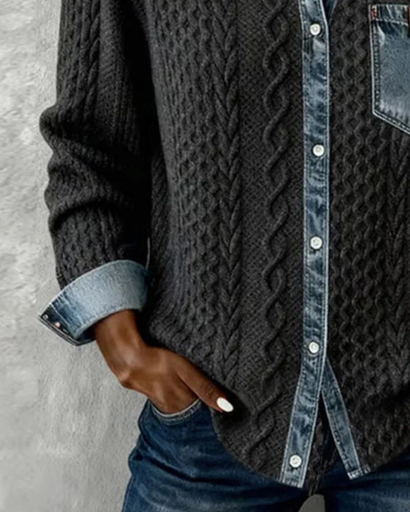 Women's knit long-sleeve shirt with cable-knit pattern and denim trim