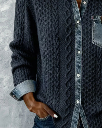 Women's knit long-sleeve shirt with cable-knit pattern and denim trim