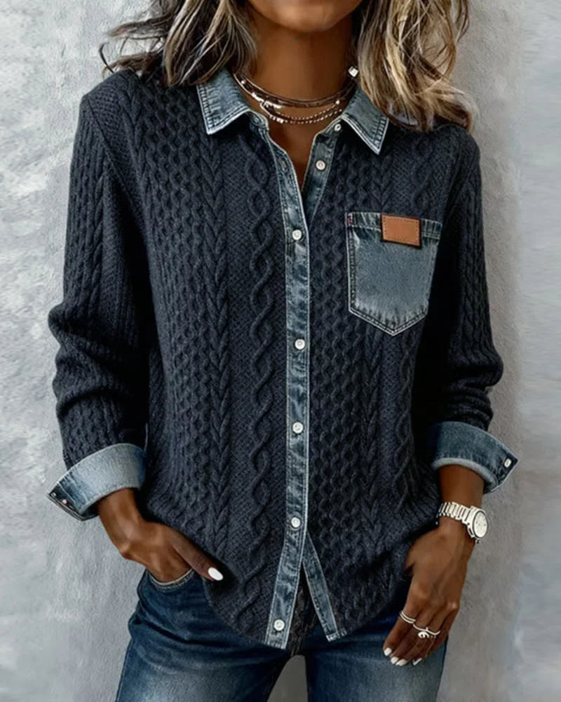 Women's knit long-sleeve shirt with cable-knit pattern and denim trim – Dark Blue