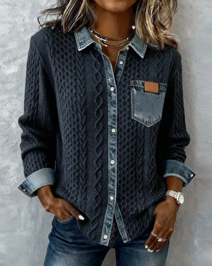 Women's knit long-sleeve shirt with cable-knit pattern and denim trim – Dark Blue