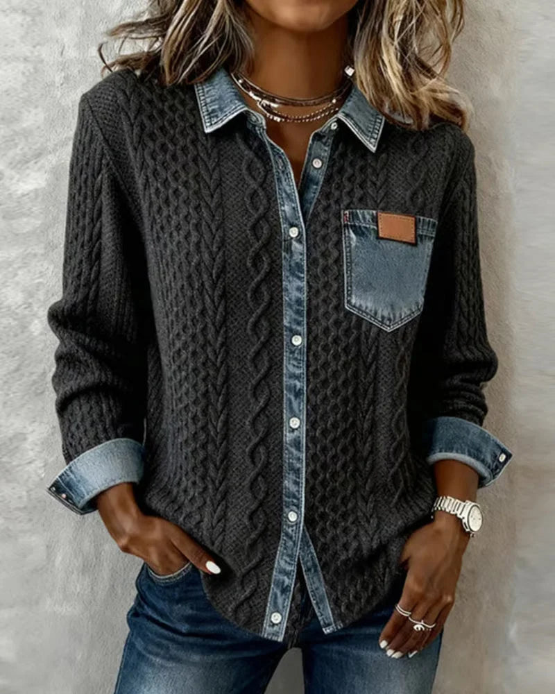 Women's knit long-sleeve shirt with cable-knit pattern and denim trim – Dark Grey