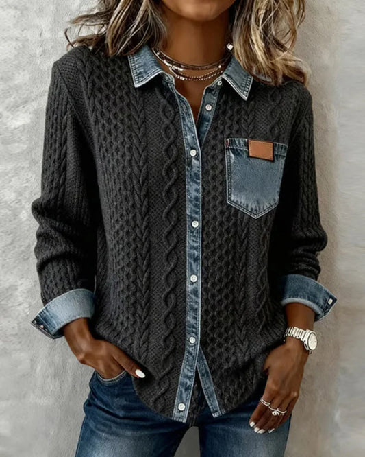Women's knit long-sleeve shirt with cable-knit pattern and denim trim – Dark Grey