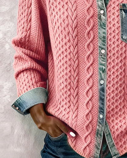 Women's knit long-sleeve shirt with cable-knit pattern and denim trim