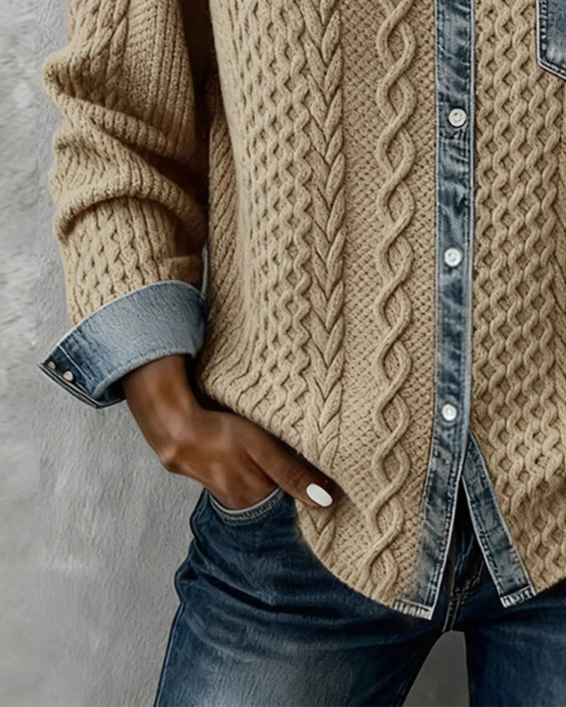 Women's knit long-sleeve shirt with cable-knit pattern and denim trim