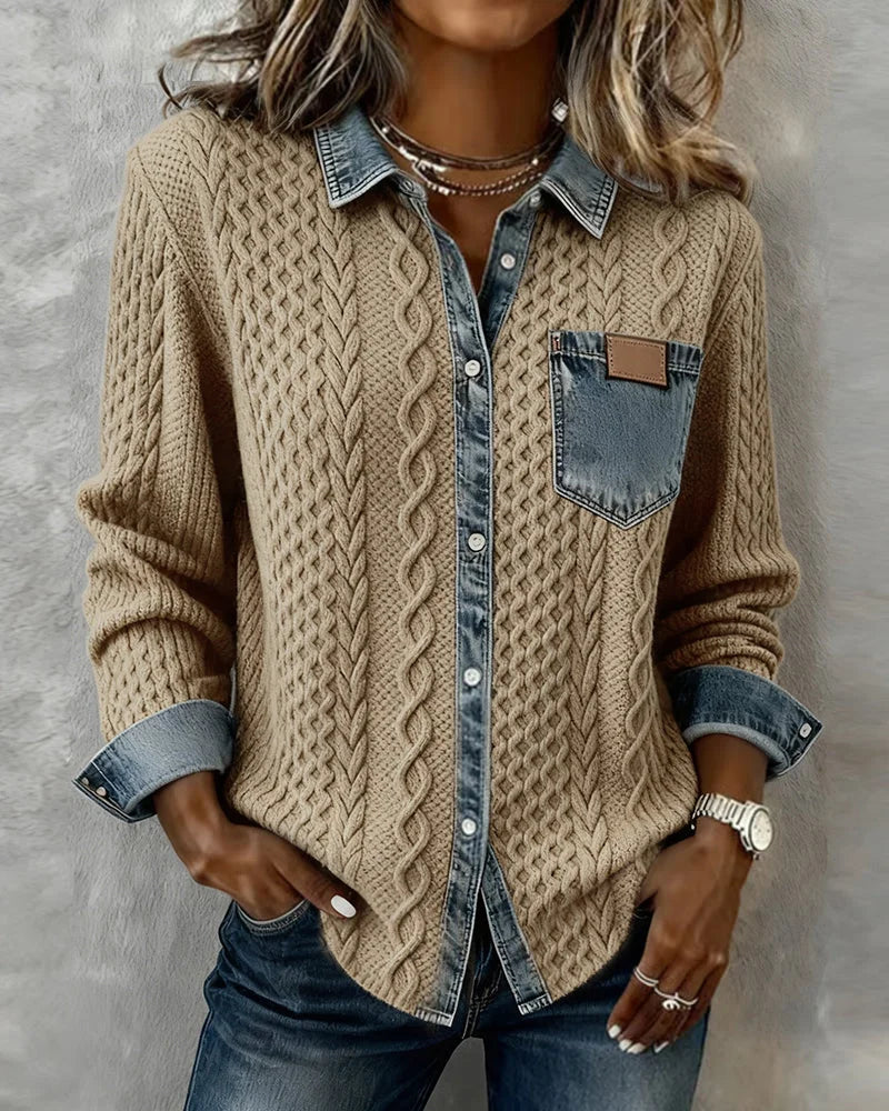Women's knit long-sleeve shirt with cable-knit pattern and denim trim – Khaki