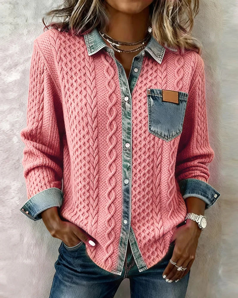 Women's knit long-sleeve shirt with cable-knit pattern and denim trim – Pink