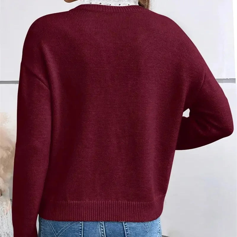 Women's knit long-sleeve sweater with V-neck and lace-trim