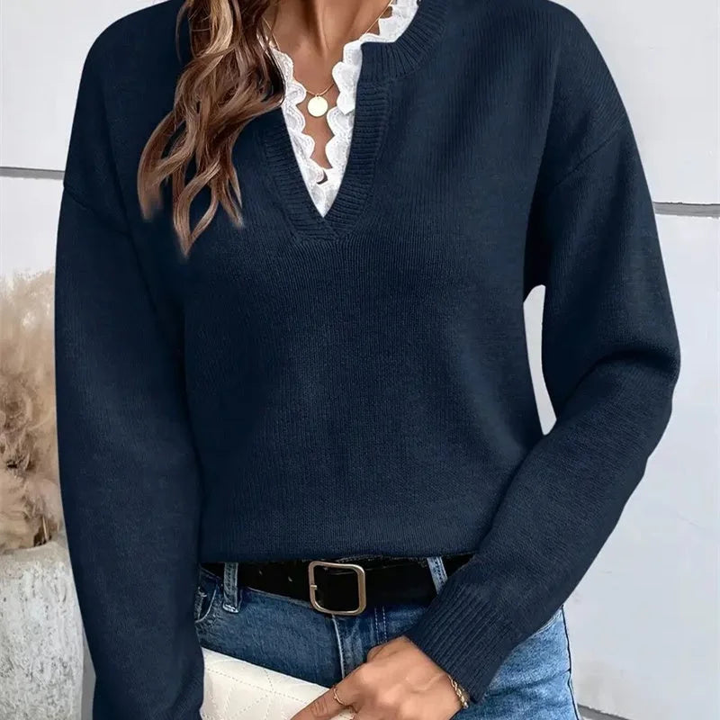 Women's knit long-sleeve sweater with V-neck and lace-trim