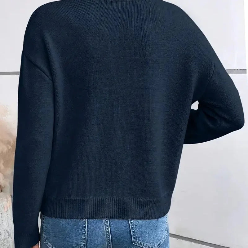 Women's knit long-sleeve sweater with V-neck and lace-trim