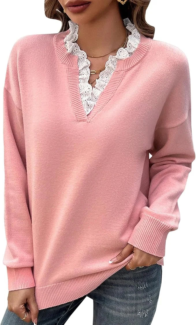 Women's knit long-sleeve sweater with V-neck and lace-trim – Pink