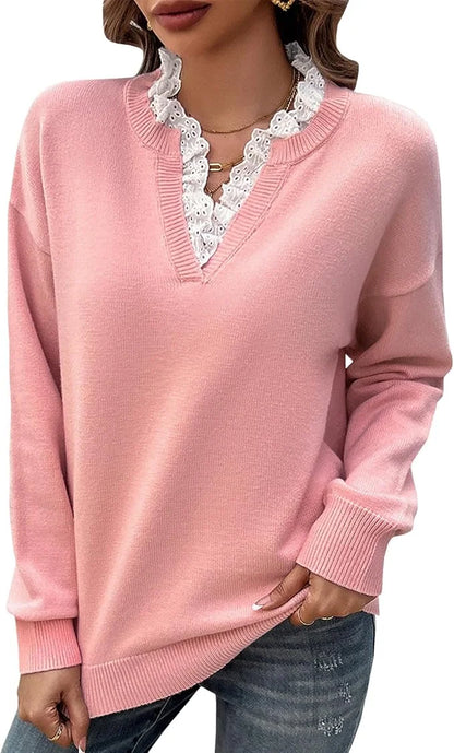 Women's knit long-sleeve sweater with V-neck and lace-trim – Pink