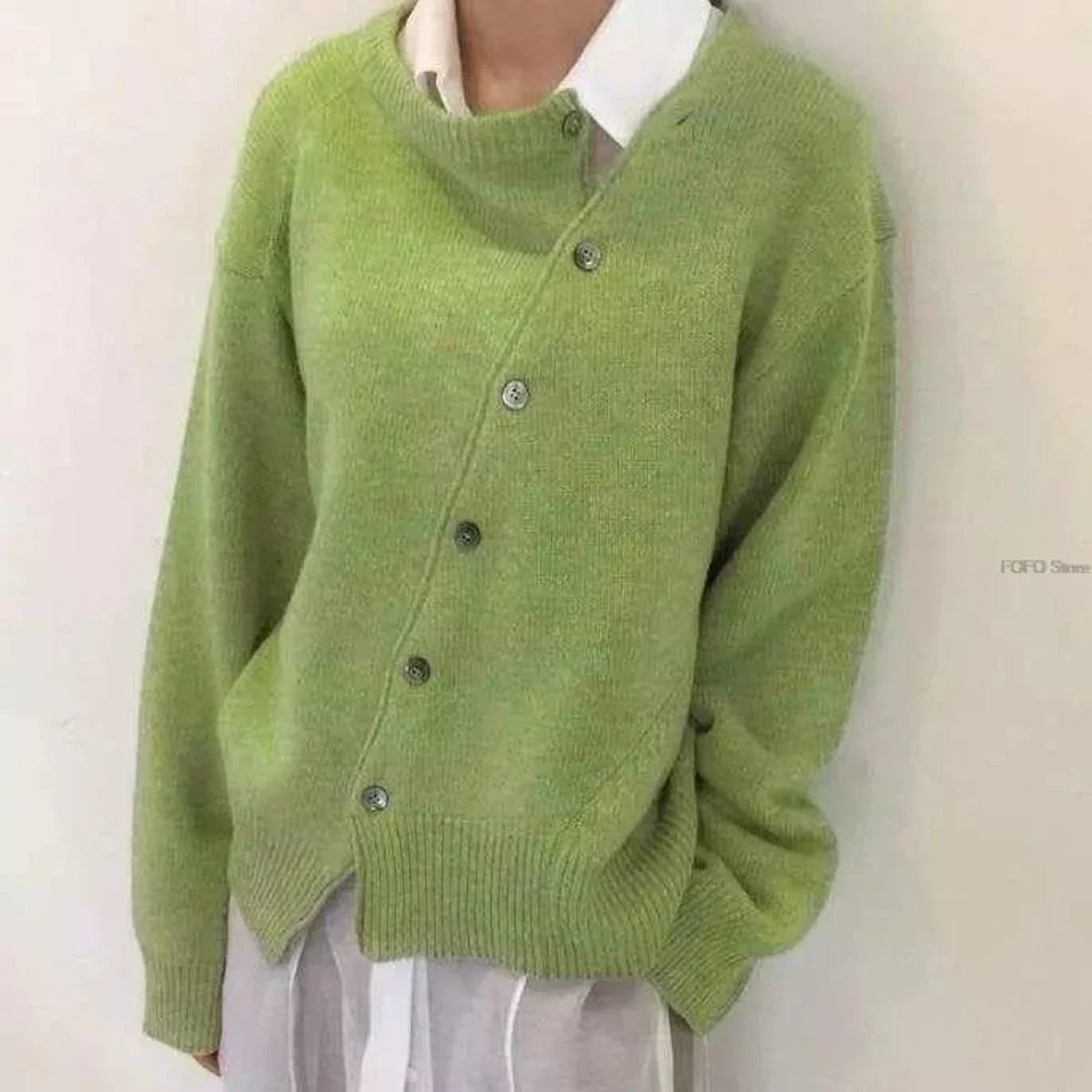 Women's knit loose-fit cardigan sweater with asymmetric button closure – Green