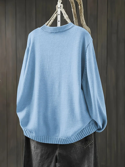 Women's knit loose-fit cardigan sweater with button-front and crew-neck