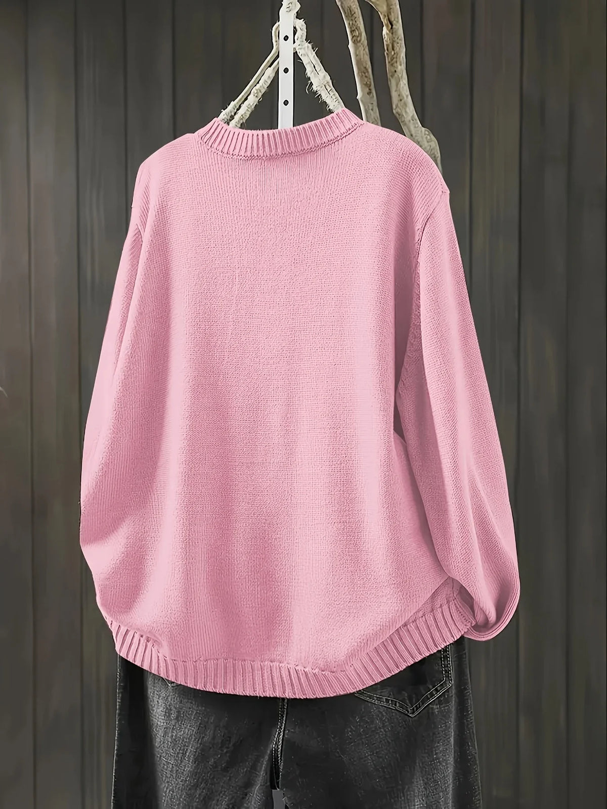 Women's knit loose-fit cardigan sweater with button-front and crew-neck