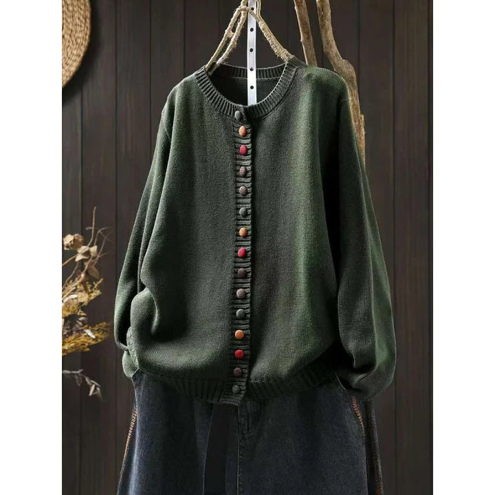 Women's knit loose-fit cardigan sweater with button-front and crew-neck – Army Green