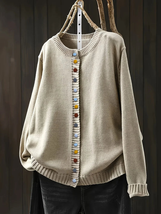Women's knit loose-fit cardigan sweater with button-front and crew-neck – Beige