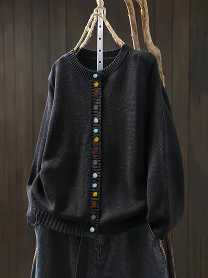 Women's knit loose-fit cardigan sweater with button-front and crew-neck – Black