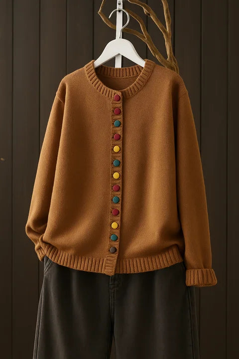 Women's knit loose-fit cardigan sweater with button-front and crew-neck – Brown